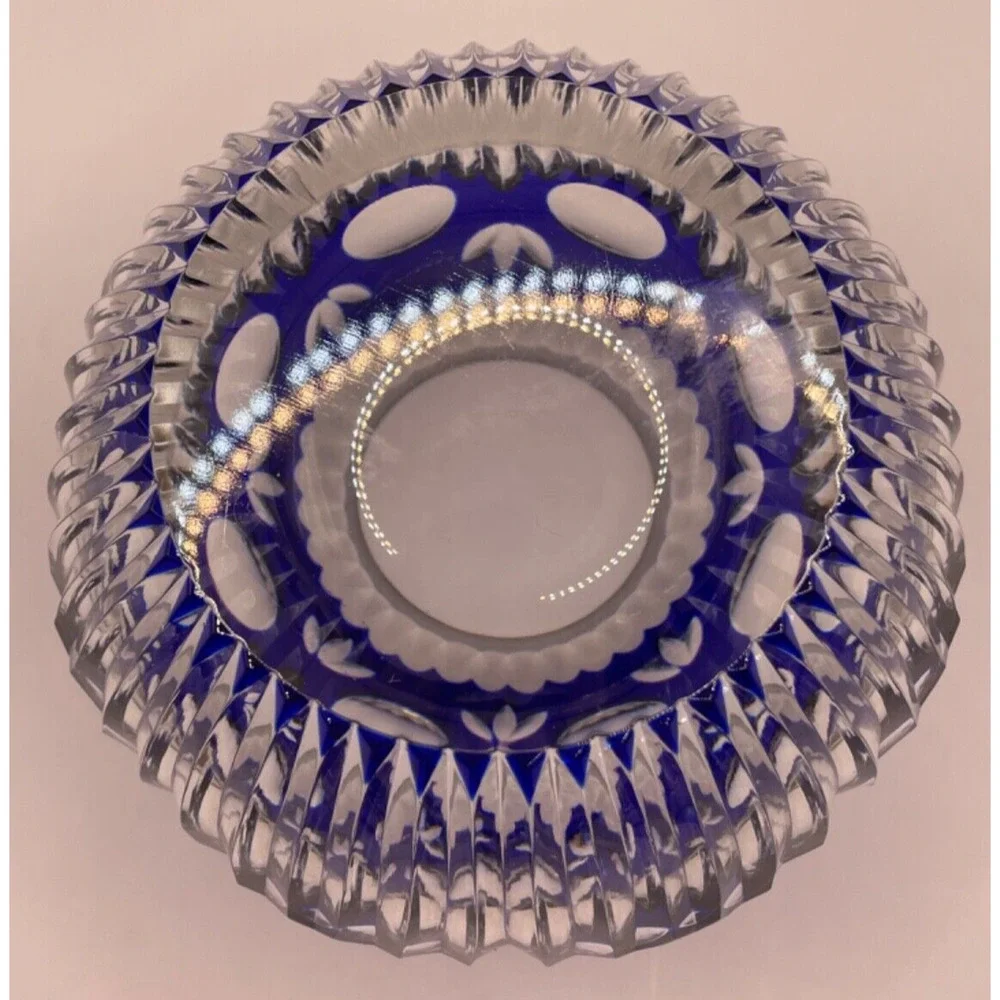 Exquisite Cobalt Blue Cut To Clear Round Crystal Votive Vase 4.5 inches
